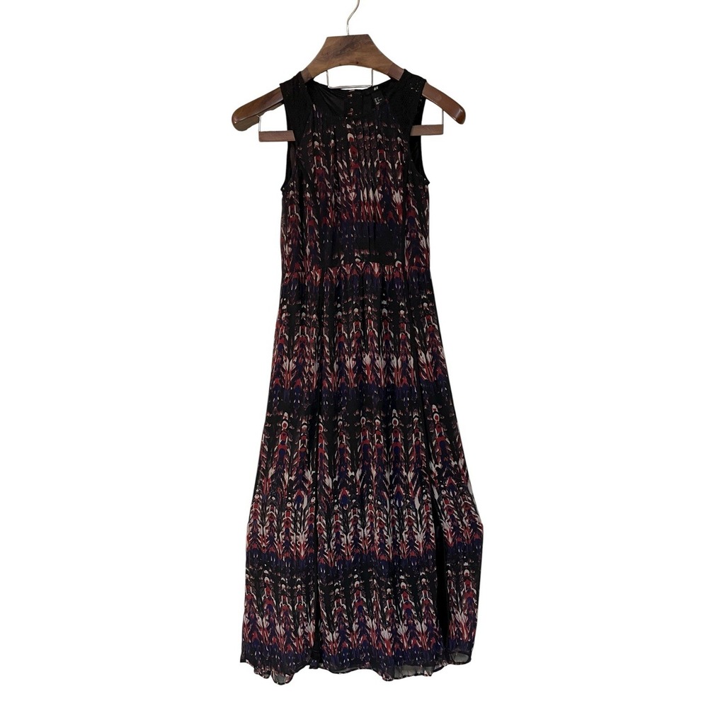 H & M Red Blue Black Lace Ikat Sleeveless Maxi Dress Pleats Slits Boho Artsy 2 - Picture 2 of 11